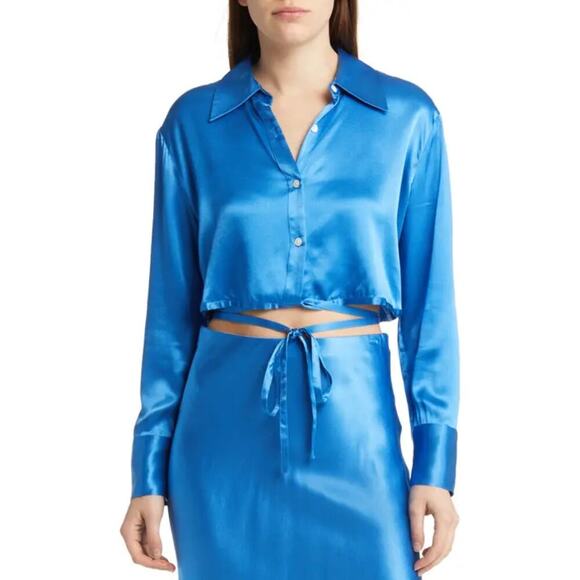 Rails Top Womens Small Cobalt Blue Tiana Satin Wrap Tie Crop Long Sleeve Blouse - Picture 1 of 16